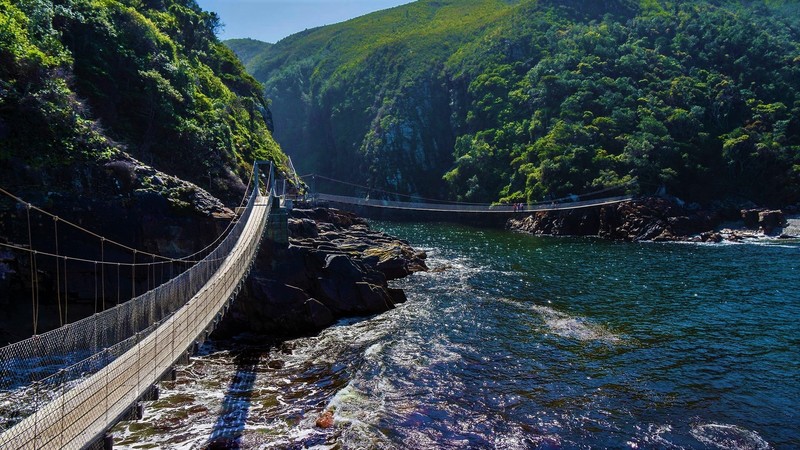 bridge, suspension bridge, mountains, rocks, river, South Africa, Tsitsikamma National Park, water ripples