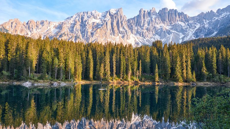 lake, mountain, trees, peaks, sky, reflection, 4k
