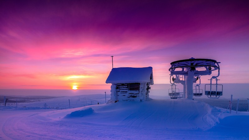 sunrise, frozen water, clouds, Sun, horizon, path, snow, Finland, Saariselkä, ropeway