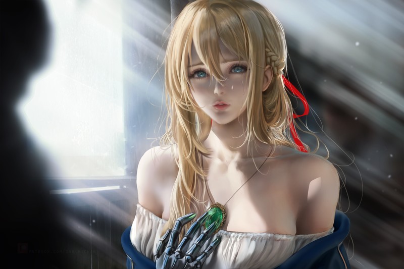 blonde, bangs, long hair, braided hair, hair ribbon, looking at viewer, portrait, blue eyes, crying, tears, necklace, bare shoulders, steampunk, window, sun rays, fantasy girl, artwork, drawing, digital art, illustration, fan art, Sakimichan, Violet Evergarden