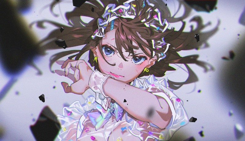 brunette, blue eyes, long hair, wristwear, anime