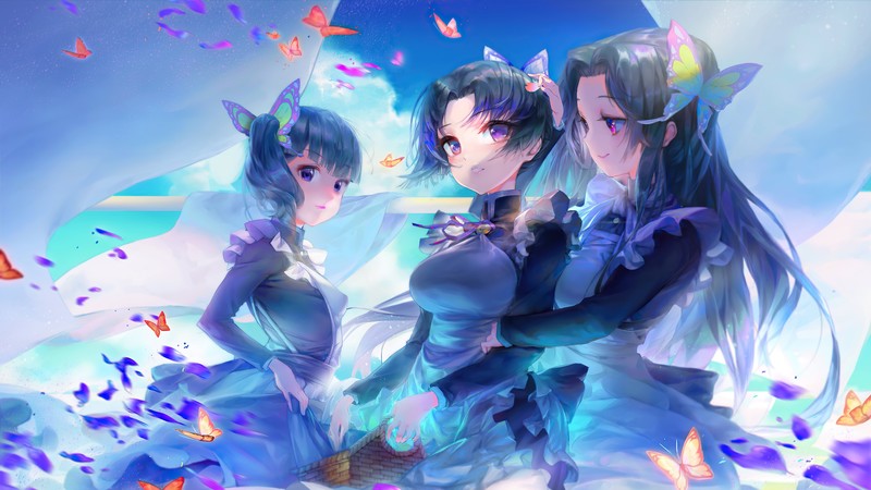 anime, anime girls, fantasy girl, women, sky, sky blue, digital art, artwork, illustration, purple eyes, violet eyes, butterfly, butterflies, Kimetsu no Yaiba, Kochou Shinobu, Kanao Tsuyuri, Kochou Kanae, long hair, clouds, dress, outdoors