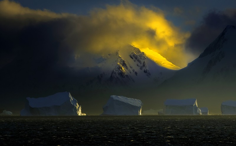 Antarctica, iceberg, snowy mountain, mist, sky, water, sea, sunrise
