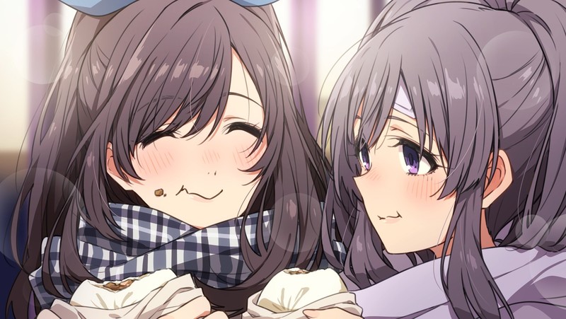 anime, anime girls, anime girls eating, scarf, winter, long hair, The Idolmaster: Shiny Colors