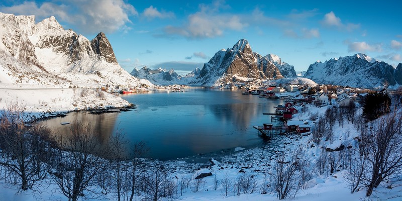 snow, snowy mountain, clouds, winter, trees, fall, house, lake, sunrise, landscape, Reine, Norway
