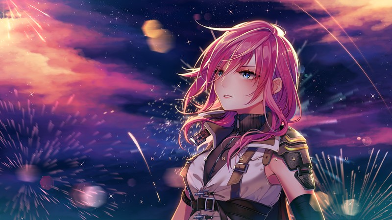 anime, anime girls, 2D, artwork, Claire Farron, fireworks, Final Fantasy XIII, pink hair