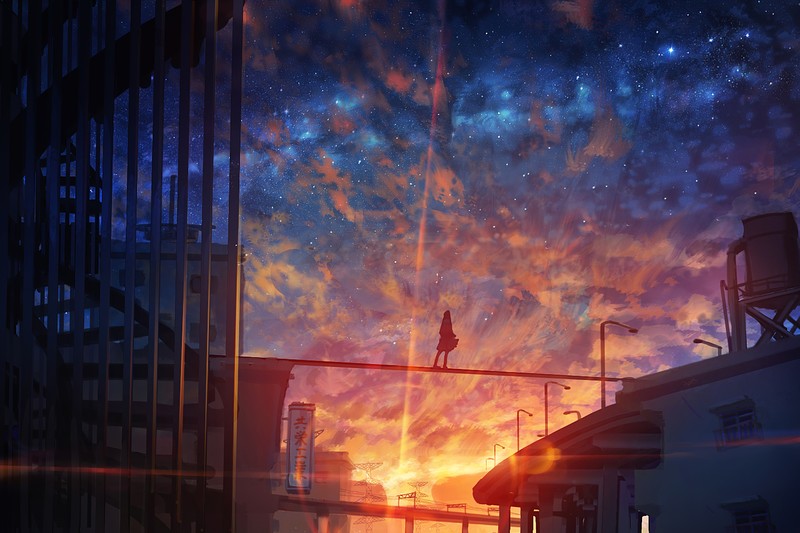 anime, 2D, landscape, moescape, sky, stars, sunset