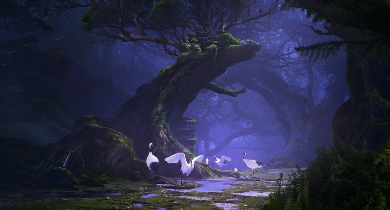 digital, landscape, trees, forest, nature, birds