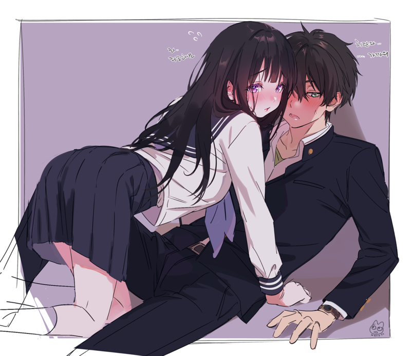 Hyouka, anime girls, anime boys, 2D, simple background, ass, thighs, long hair, short hair, school uniform, blushing, embarrassed, small boobs, looking at viewer, Chitanda Eru, Oreki Houtarou, black hair, green eyes, purple eyes, fan art, curvy, anime, JK, looking away