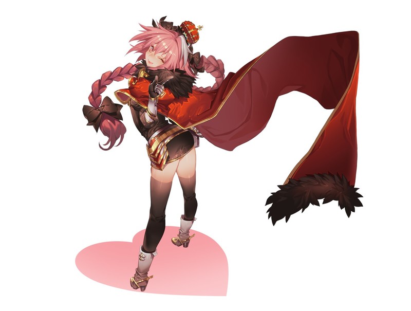 Fate Series, FGO, Fate/Apocrypha, anime boys, femboy, 2D, simple background, thighs, long hair, pink hair, blushing, thigh high boots, black stockings, looking at viewer, Rider of Black (Fate/Apocrypha), Astolfo (Fate/Apocrypha), cape, white boots, braided hair, yellow eyes, fan art, curvy, crown, heart, anime