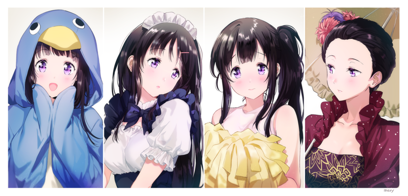 Hyouka, anime girls, 2D, long hair, blushing, maid outfit, pyjamas, cheerleaders, victorian clothes, umbrella, small boobs, looking at viewer, Chitanda Eru, black hair, purple eyes, fan art, open mouth, anime
