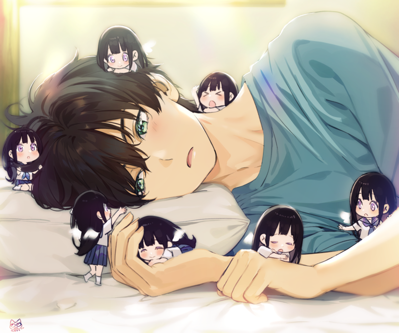 Hyouka, anime girls, anime boys, 2D, long hair, short hair, school uniform, Chitanda Eru, Oreki Houtarou, black hair, brunette, chibi, green eyes, purple eyes, fan art, open mouth, anime