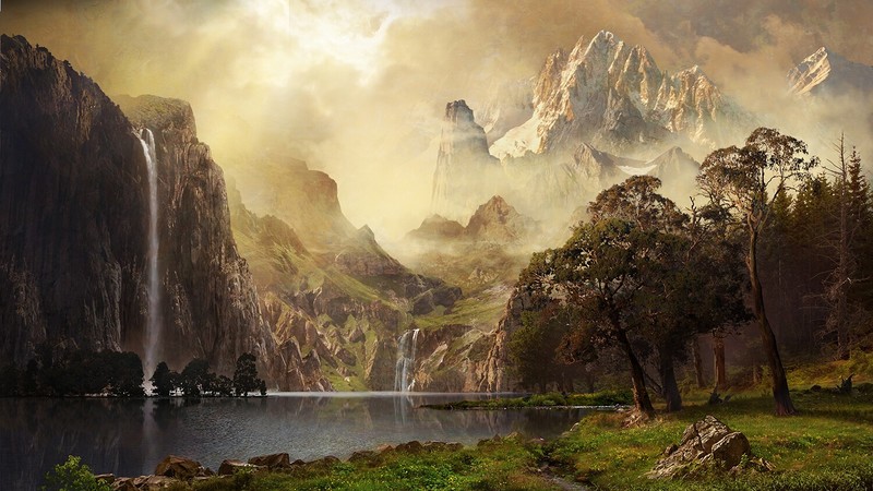 Andrey Bakulin, wood, nature, mountains, artwork, waterfall