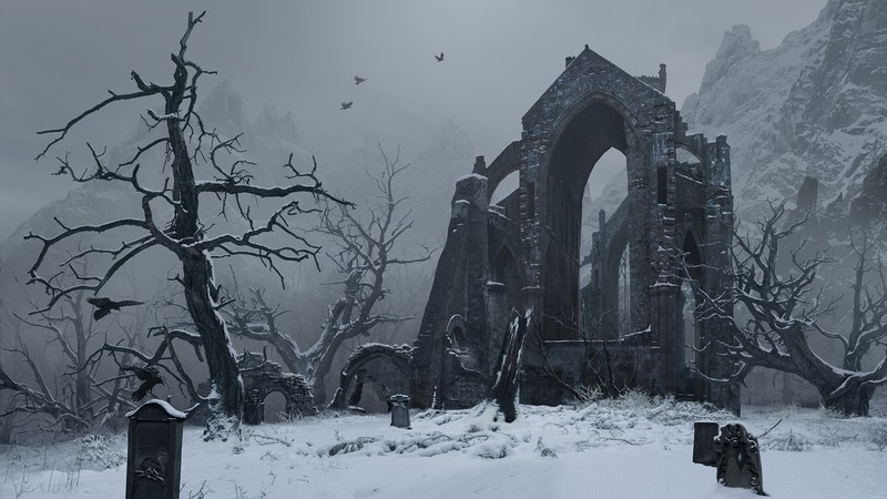 Andrey Bakulin, Myst, castle, landscape, fantasy art, digital, snow, winter
