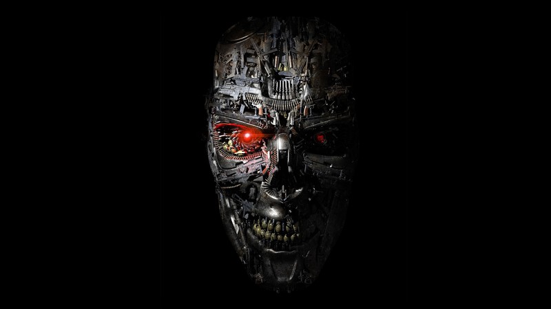 Terminator, dark, red eyes, gun, movies, cyborg, digital art, machine, simple background, black background