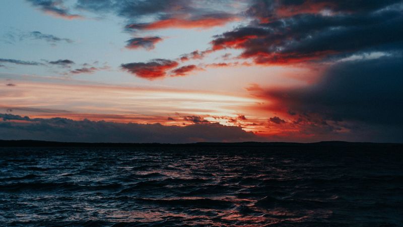 sea, surf, sunset, horizon, waves, clouds, 4k