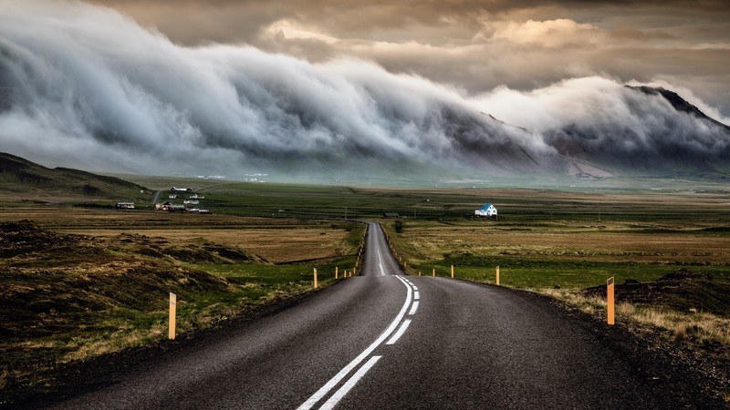 road, clouds, grass, nature, house, building, asphalt, sky, hills, field, road sign, mountains, photography
