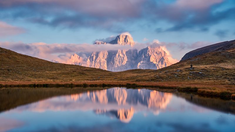 lake, mountain, grass, landscape, sky, clouds, 4k