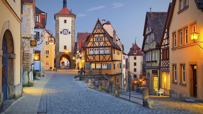 street, house, city, building, lights, sky, Germany, urban, car, vehicle, fence, bench, Rothenburg, evening, clear sky, clock tower
