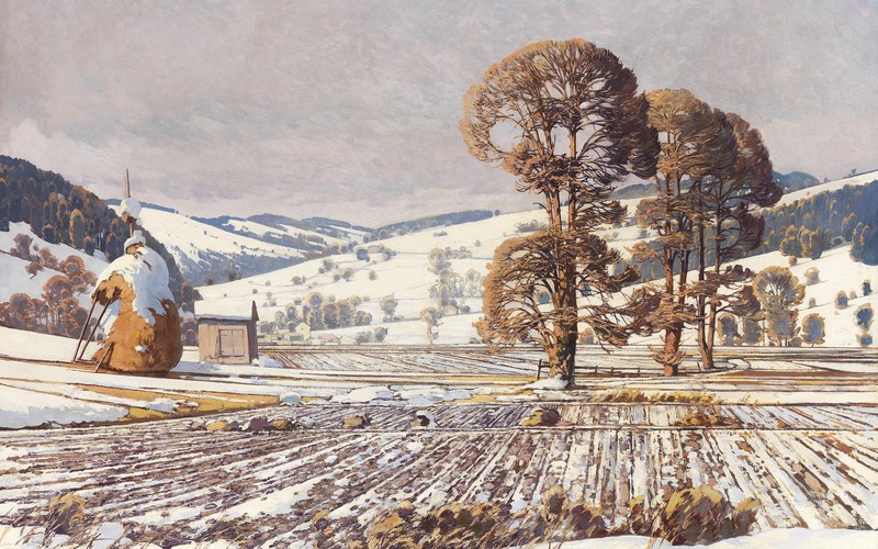 winter, field, landscape, classic art, classical art, painting, 1920 (Year), Josef Stoitzner