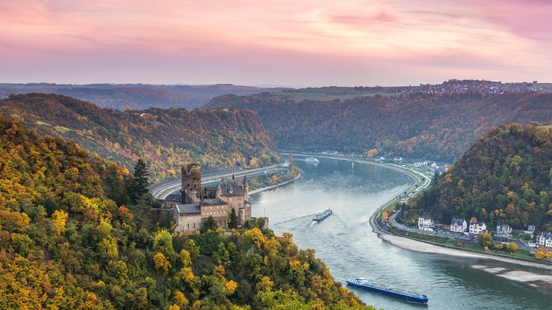 forest, horizon, valley, trees, house, river, ship, dawn, German, Germany, Katz Castle, water ripples, Rhine Valley