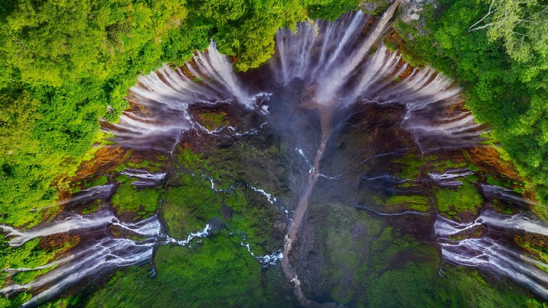 forest, aerial view, trees, rocks, tropical, Indonesia, Tumpak Sewu, waterfall
