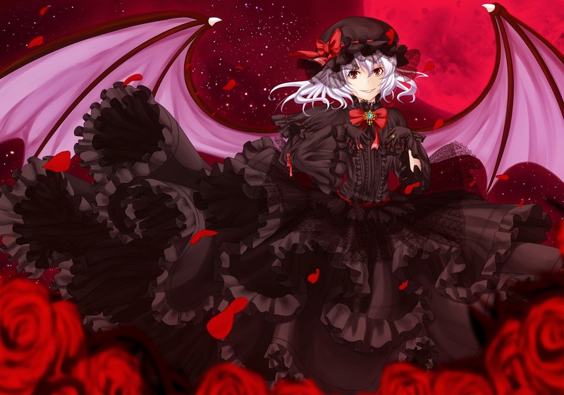 Touhou, Remilia Scarlet, red moon, anime, anime girls, hat