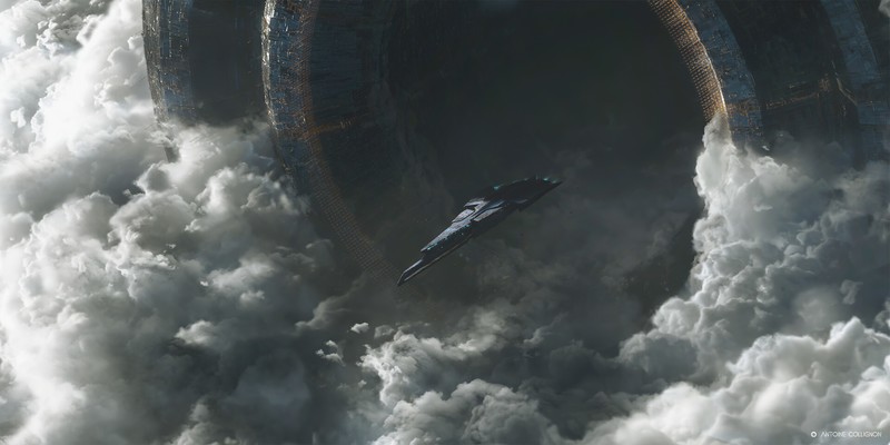 Antoine Collignon, spaceship, clouds, debris, gates
