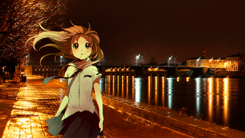 anime, anime girls, anime_irl, Russia, promenades, night, lights, river, city