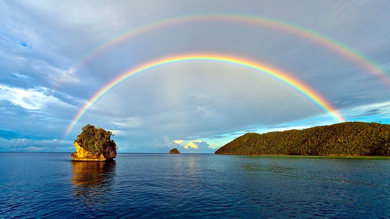 rainbows, clouds, sky, horizon, forest, hills, Indonesia, Misool Island, Raja Ampat