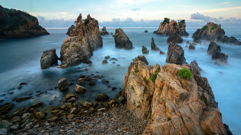 landscape, rocks, long exposure, Sumatra, Indonesia, clouds, Gigi Hiu