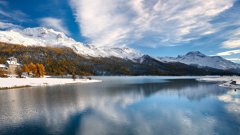 forest, nature, landscape, water ripples, snowy mountain, clouds, Alps, Switzerland