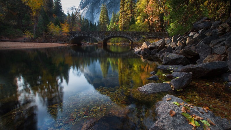 forest, nature, landscape, bridge, rocks, reflection, trees, mountains, clear water, Yosemite National Park, Nevada, California, USA, river