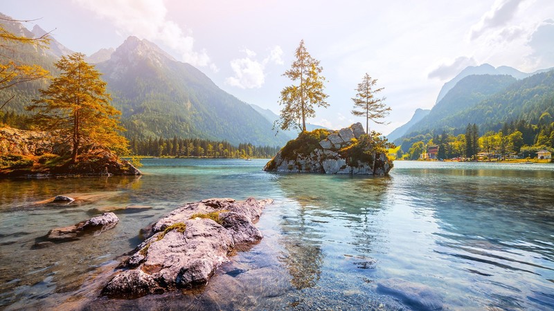 forest, nature, landscape, summer, mountains, valley, rocks, water ripples, Germany, Lake Hintersee