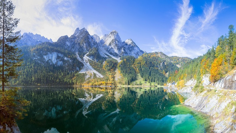 forest, nature, landscape, fall, clear water, reflection, snowy mountain, clouds, sky, trees, Austria