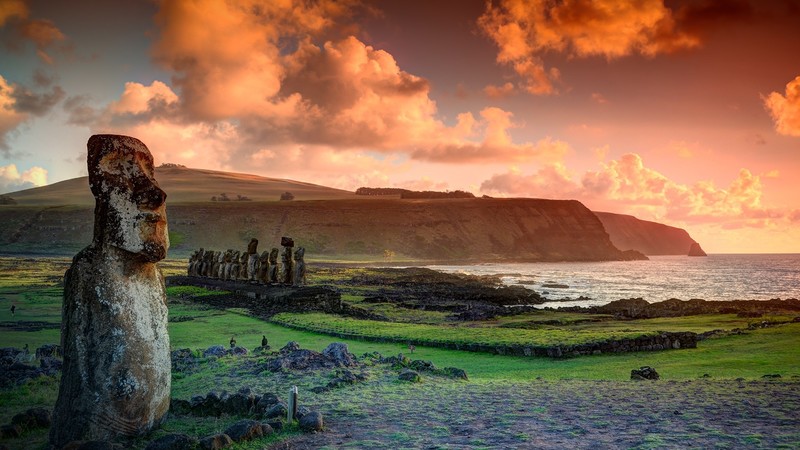 Moai, hills, clouds, rocks, Pacific Ocean, Ahu Tongariki, sunset, Easter Island