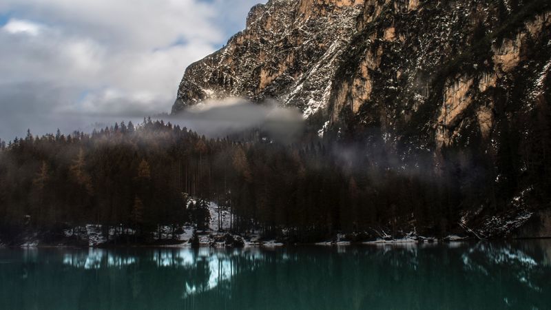 mountain, lake, fog, pragser wildsee, italy, landscape, 4k