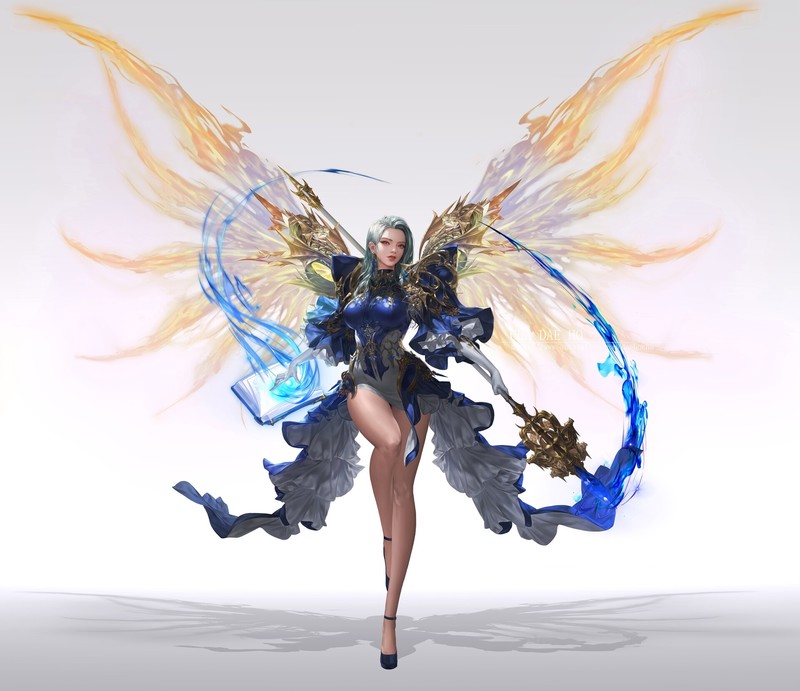 Daeho Cha, drawing, women, dress, armor, blue clothing, weapon, water, glowing, wings, magician, spell, blue