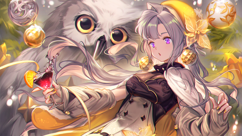 birds, cleavage, long hair, drink, glass, gray hair, owl