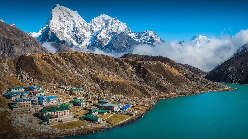 lake, landscape, Nepal, Himalayas, snowy mountain, snowy peak, rocks, clouds, sky, tea, house