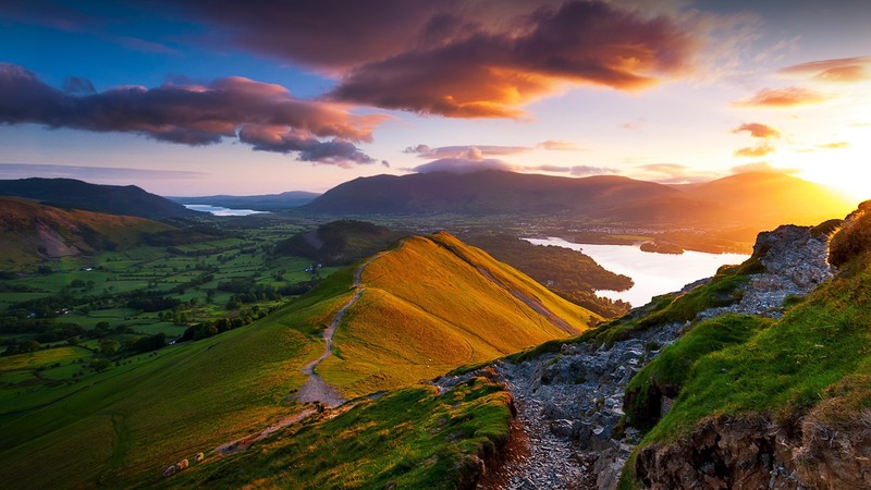 sunrise, clouds, mountains, rocks, path, sky, lake, England, UK, Lake District