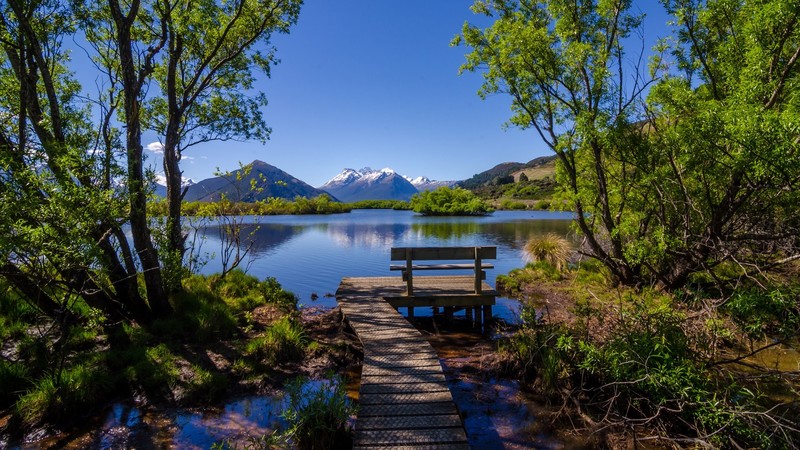 lake, landscape, bench, path, trees, snowy mountain, clear sky, water, water ripples, plants, grass, clouds, walkway, Lake Wakatipu, New Zealand