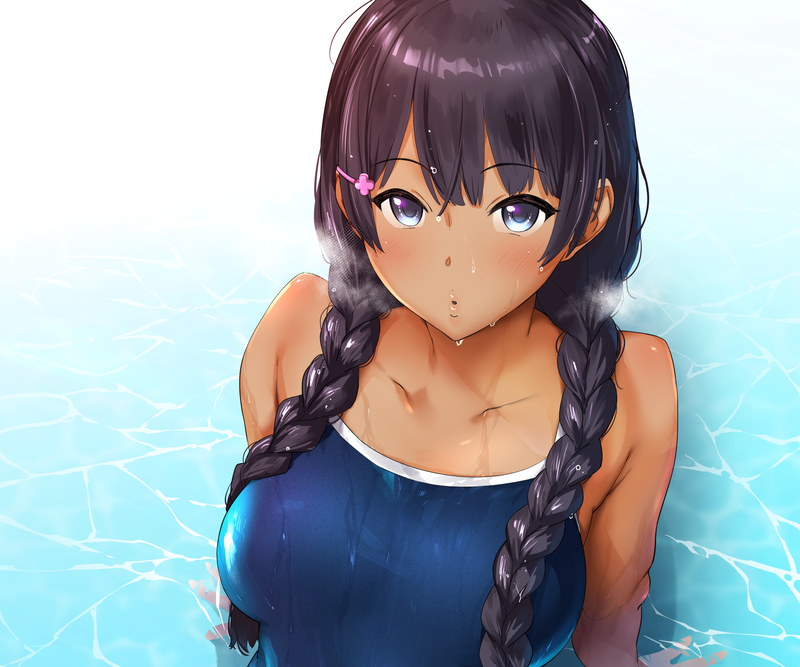 black hair, blue eyes, dark skin, blush, wet, water, twintails, school swimsuit, braids, long hair