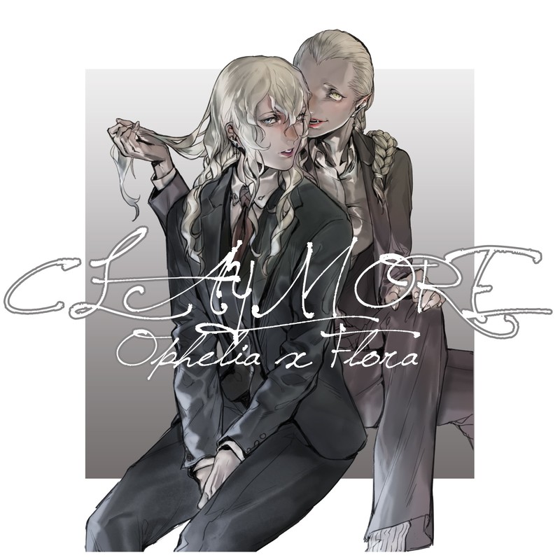 Claymore (anime), anime girls, small boobs, long hair, grey hair, touching hair, yuri, Ophelia (Claymore), Flora (Claymore), black suit, thighs, blue eyes, yellow eyes, 2D, fan art, pointed ears, braided hair