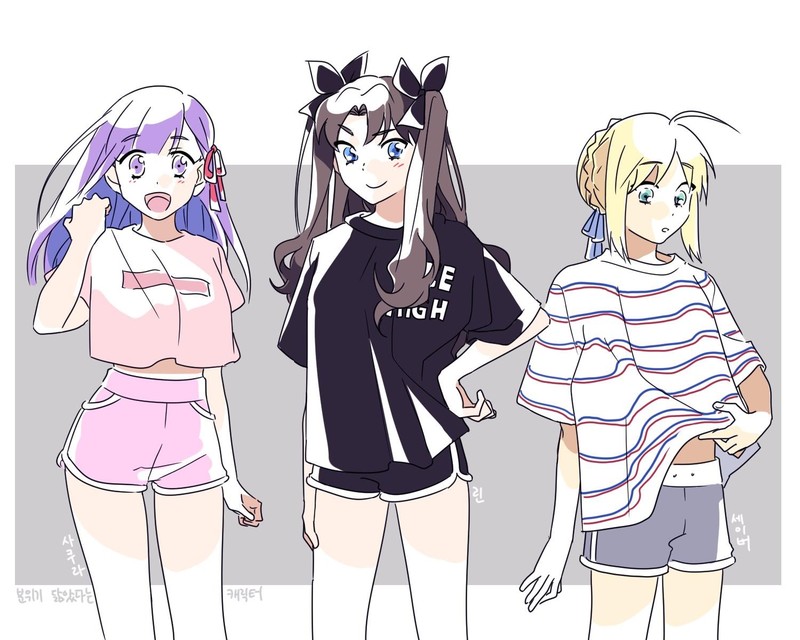 Fate Series, FGO, Fate/Stay Night, anime girls, small boobs, long hair, looking at viewer, violet hair, blond hair, brunette, Matou Sakura, Tohsaka Rin, Arturia Pendragon, Saber, twintails, thighs, open mouth, short shorts, blue eyes, violet eyes, green eyes, simple background, 2D, fan art