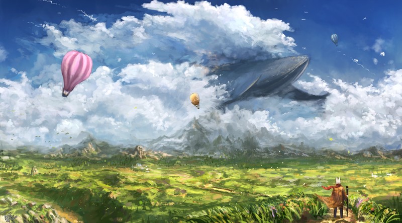 TomTC, clouds, whale, grass, mountains, rabbits, hot air balloons, fantasy art, field, artwork