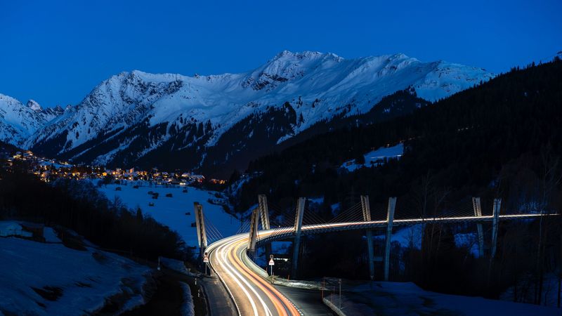mountains, road, long exposure, night, snow, 4k