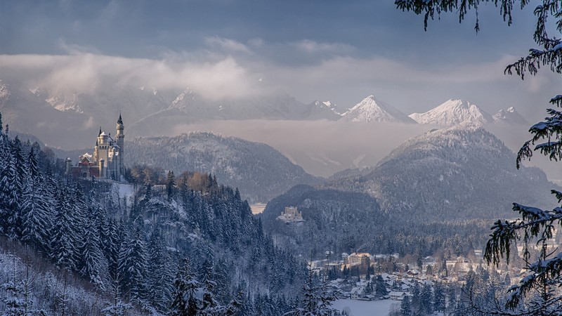 forest, castle, mountains, winter, clouds, sky, nature, landscape, Schloss Neuschwanstein, Neuschwanstein Castle