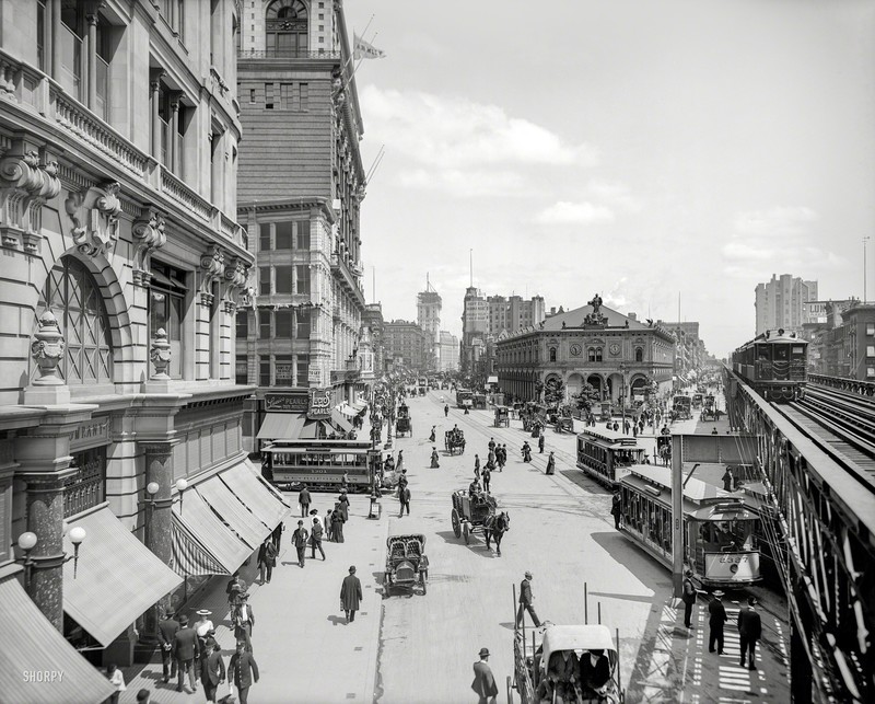 architecture, photography, monochrome, old building, street, vintage, tram, old photos, classic car, old car, New York City, Victorian, Shorpy, people, Herald Square, crowds, traffic