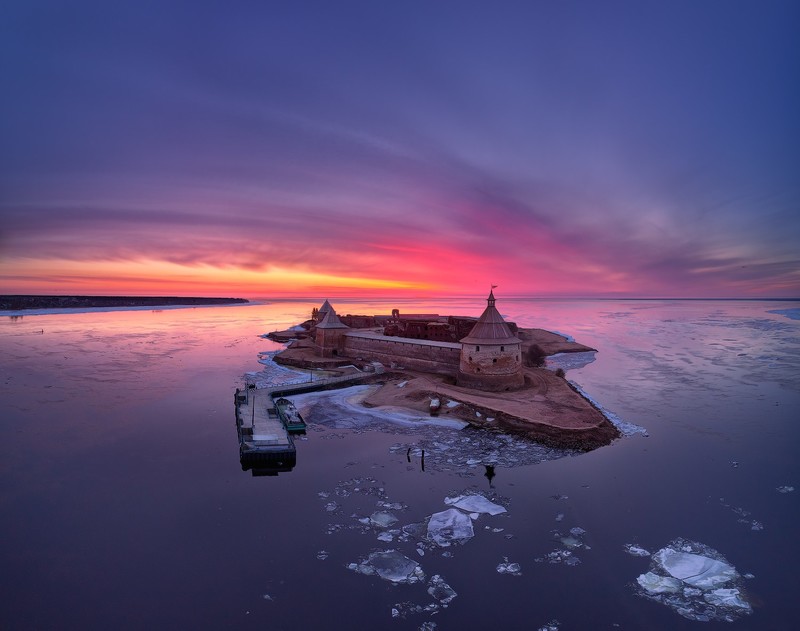 nature, landscape, water, sea, island, fortress, fort, sunset, clouds, boat, ice, horizon, Sergey Louks, 35PHOTO, winter, Texas